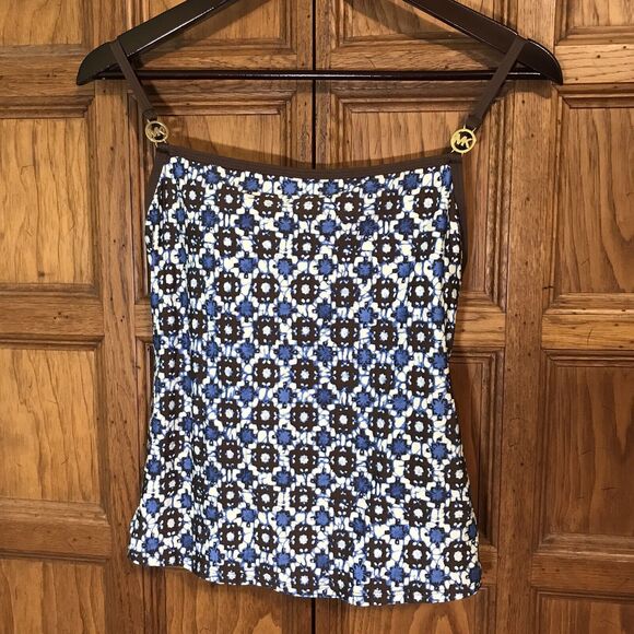Michael Kors Tank Top Women's M Cami Shelf Bra Gold MK Logo Straps Blue Brown - Picture 2 of 10